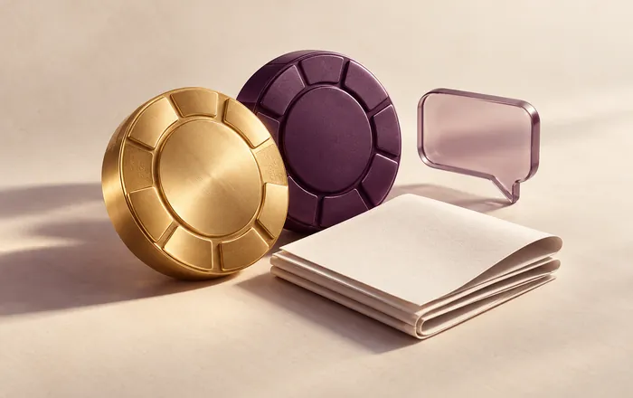 Gold and plum game tokens beside a document and a speech-bubble sculpture